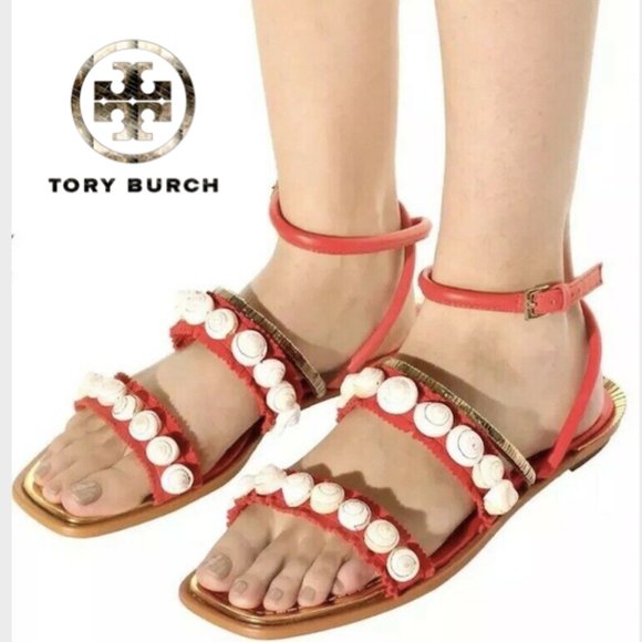 🆕TORY BURCH Ankle Wrap Flats Embellished Orange - Picture 1 of 8